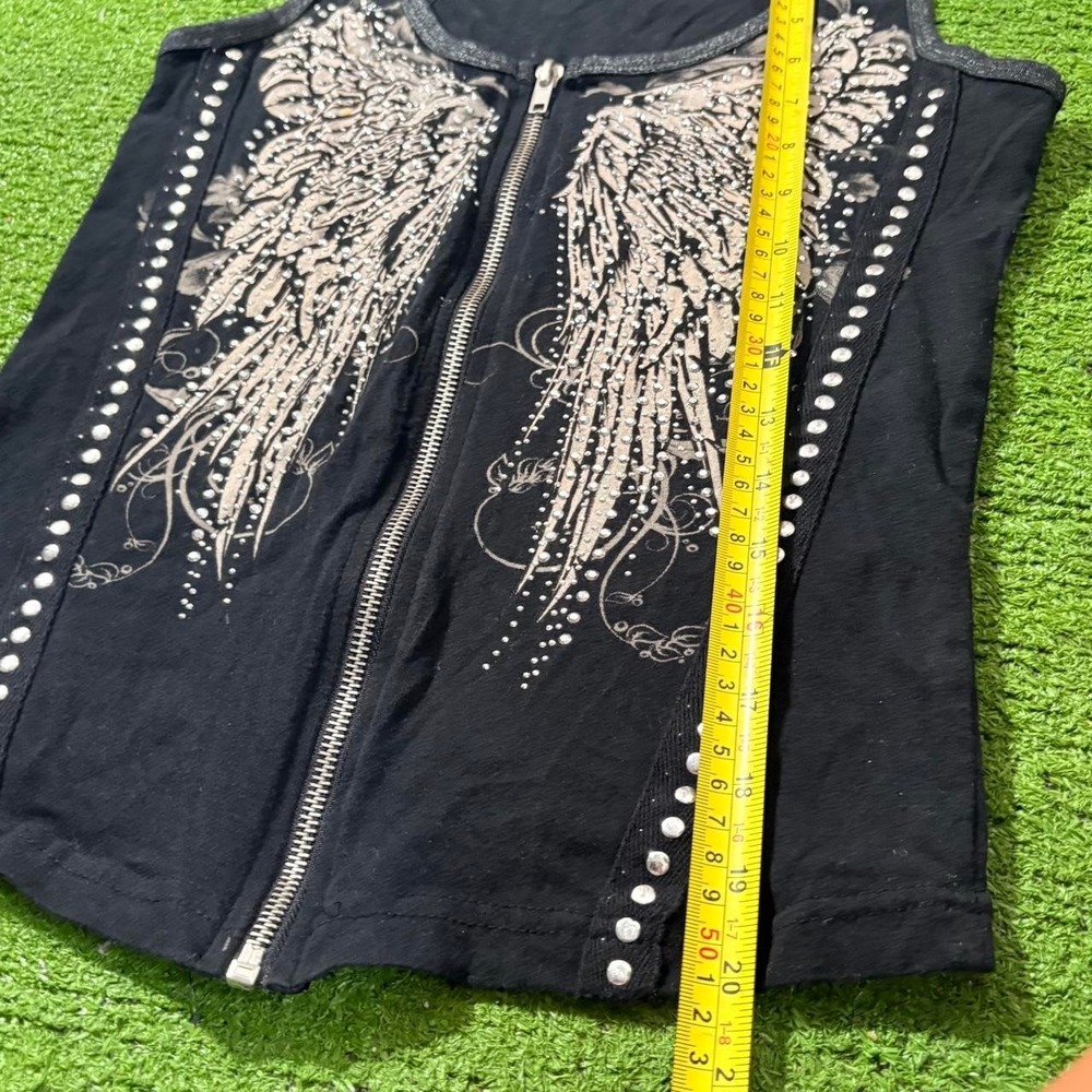 Vintage Y2K LA Bus Stop Rhinestones Angel Wings Zip Up Biker Tank Top Small - Picture 5 of 6